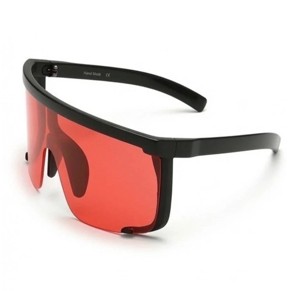 Mens Red Shield Sunglasses Futuristic‎ Flat Top Oversized Visor Streetwear UV400